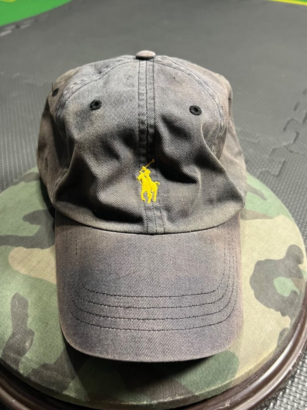 Polo Ralph Lauren Distressed Black Cotton Baseball Cap With Yellow Logo Adjustab